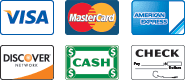We Accept Visa, MasterCard, Discover, American Express, Cash, and Checks